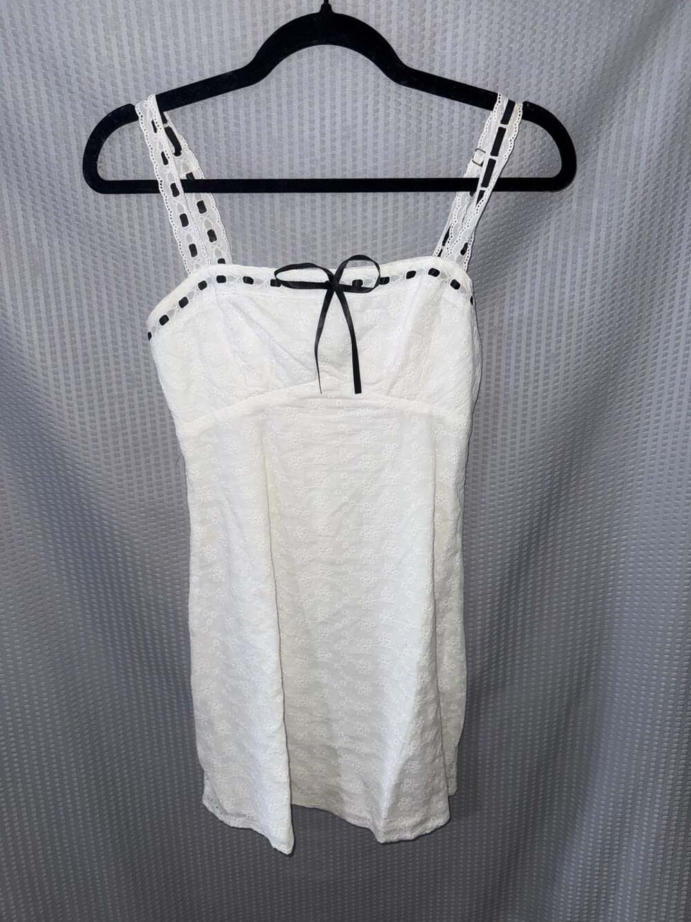 White Mini Sundress with Black Trim and Bow
